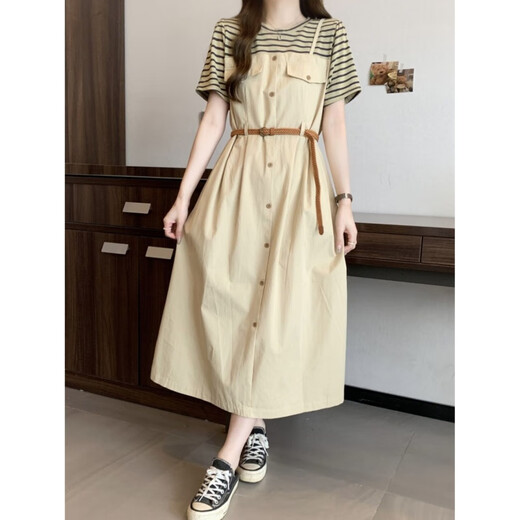 
Kexin 140Jin [Jin equals 0.5 kg] Fat mm dress looks slim and fat MM extra large size 300Jin [Jin equals 0.5 kg] Fake two-piece striped T-shirt dress for women summer C1049-bean green dress without belt M (80-110Jin [Jin equals 0.5 kg])