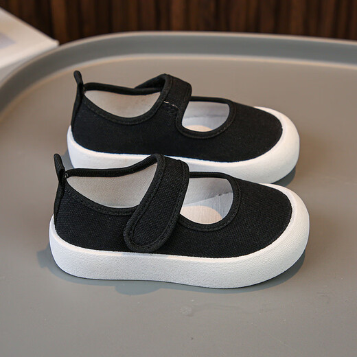 OLOEY kindergarten indoor shoes 3-6 years old soft-soled children's shoes small white shoes breathable non-slip canvas shoes boys and girls home shoes black baby campus shoes 27 inner length 16.8CM If you have fat feet, it is recommended to take a larger size