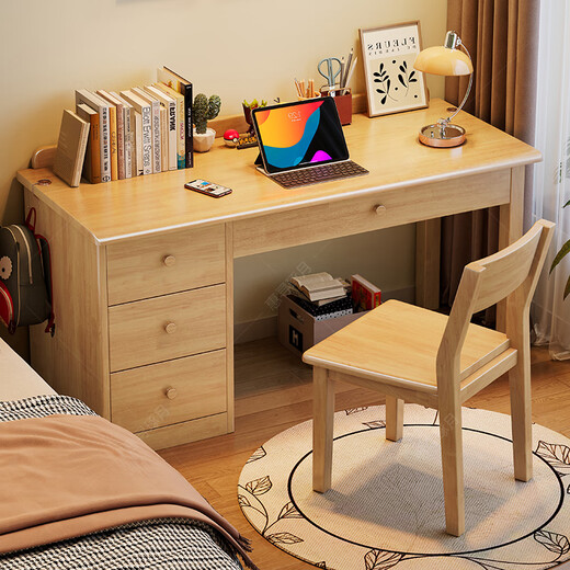 Huixun solid wood desk bookcase integrated table simple home student writing table children's study table bedroom office computer table ivory white #desk + cupboard 100cm*60cm*75cm