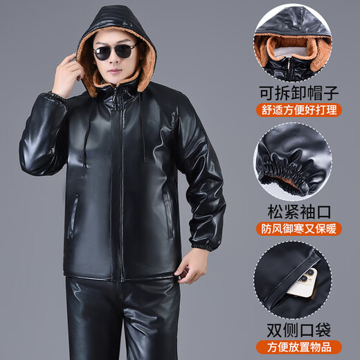 Liyang Men's Leather Clothes and Leather Pants Suit Plus Velvet Thickened Windproof Warmth Waterproof Motorcycle and Motorcycle Driving Takeaway Work Clothes Shoulder Pads Belly Protection Leather Clothes Leather Pants Set Plus Velvet XL 90-110Jin Jin is equal to 0.5 kg