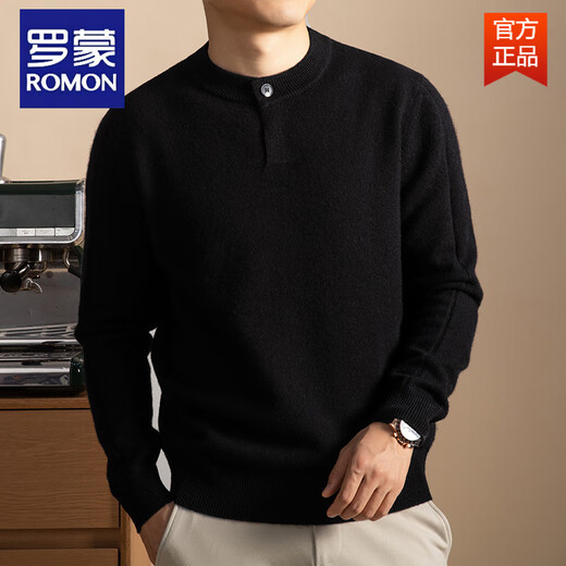 ROMON's new autumn and winter single-button Henry collar sweater for men, wool blended waffle texture pullover sweater, black L