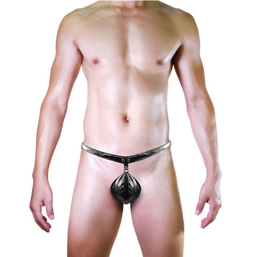 Young men's sexy underwear, sexy low-waisted imitation leather thong, T-pants, fully transparent and hollow, black, one size fits all