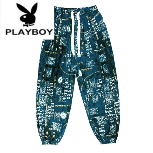Playboy (PLAYBOY) linen summer men's printed bloomers loose legged nine-point harem casual pants large size wind flower pants K299 Thai style blue 2XL recommended 160-170Jin Jin equals 0.5 kg