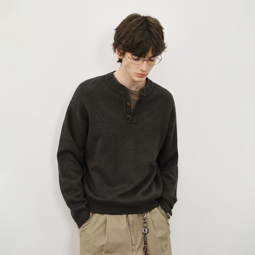 714street Retro Henley Collar Black Sweater Men's 2025 Autumn and Winter New Skin Friendly Crisp Fitted Sweater Floral Brown M