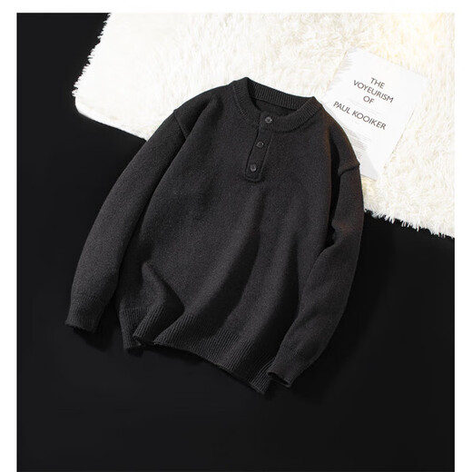 American Henry Collar Autumn and Winter Sweater Men's Sweater American Retro Casual Lazy Style Sweater Men's Solid Color Black 3XL