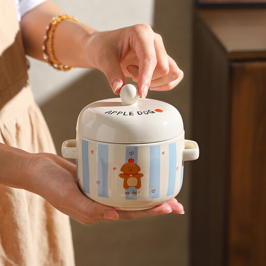 Sheli Cute Ceramic Stewing Cup Household Small Soup Cup with Cover Steamed Egg Bowl Isolated Water Stewing Steaming Cup Stewing Soup Crock Pot Stewing Bird's Nest Balloon Dog-Stewing Cup 550ML 500ml Can be steamed, baked or microwaved