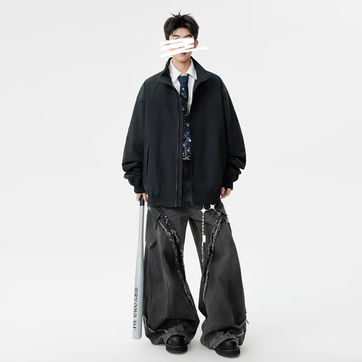 Homlean solid color jacket men's autumn versatile loose top stand collar fashion jacket casual versatile HK16 black L