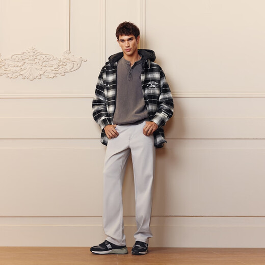 JACK&JONES men's woolen coat, fashionable and versatile embroidered plaid detachable hooded collar loose coat top 225427008 A06 snow white black regular S (170)