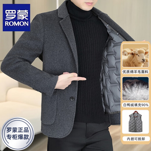 ROMON woolen woolen coat men's new autumn and winter removable duck down lining plus down thickened warm woolen coat black with down lining XL /180 recommended 135-150Jin Jin equals 0.5 kg