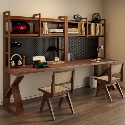 Shoukui solid wood desk bookshelf integrated office desk home double study computer table hole board desk bookcase long table deposit option, customization