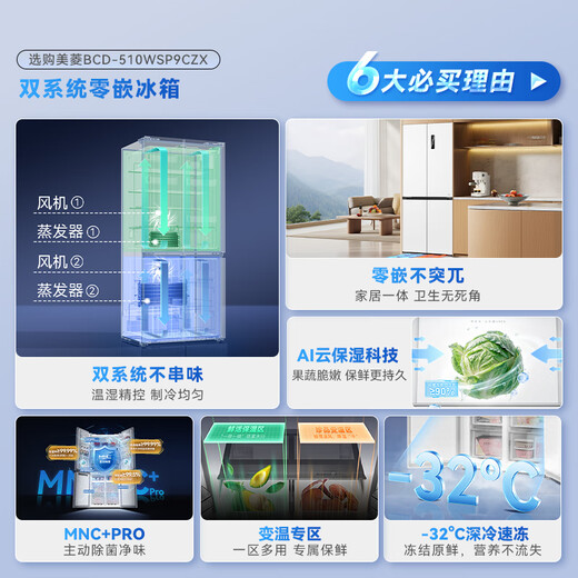 MeiLing worry-free 510-liter cross-door refrigerator ultra-thin zero-embedded four-door dual system bottom cooling first-class energy efficiency active sterilization BCD-510WSP9CZX national subsidy