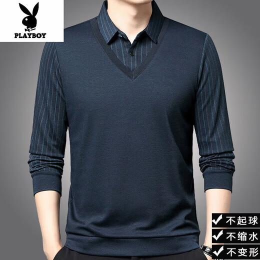 Playboy (PLAYBOY) wool long-sleeved T-shirt fake two-piece sweatshirt men's knitted bottoming shirt collar middle-aged men's gray plaid 2511 S 165/48 suitable for 110Jin Jin equal to 0.5 kg or less