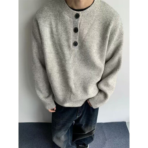 Gray sweater large size henley collar sweater men's lazy style inner base sweater jacket gray thick L