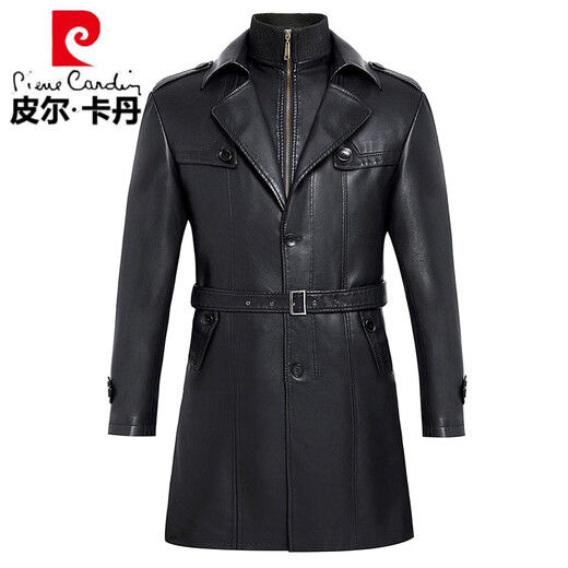Pierre Cardin Light Luxury Winter Leather Coat Men's Mid-Length Velvet Thickened Leather Coat Middle-aged Dad's Leather Windbreaker Men's Outerwear Black L 175