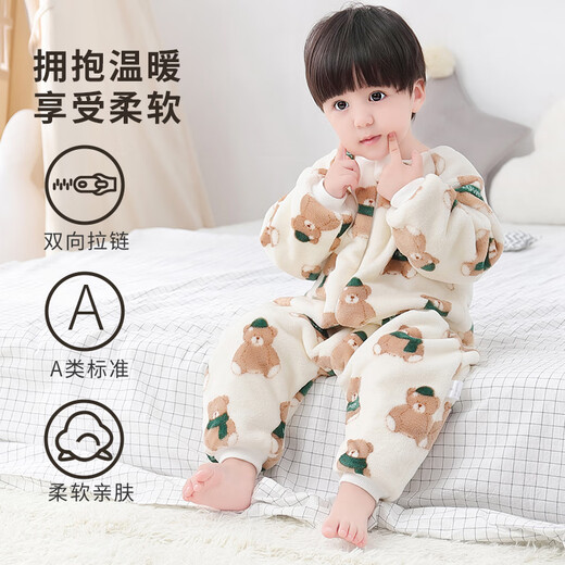 Baby-faced children's pajamas for men, women, medium and large children, flannel home clothes, baby split-leg sleeping bag, autumn and winter baby anti-kick quilt