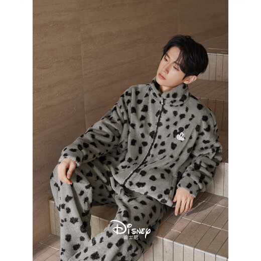 Beiyan couple pajamas for men and women in autumn and winter Mickey thickened warm coral velvet leopard print home clothes flannel suit can be worn outside F60716 Women's M