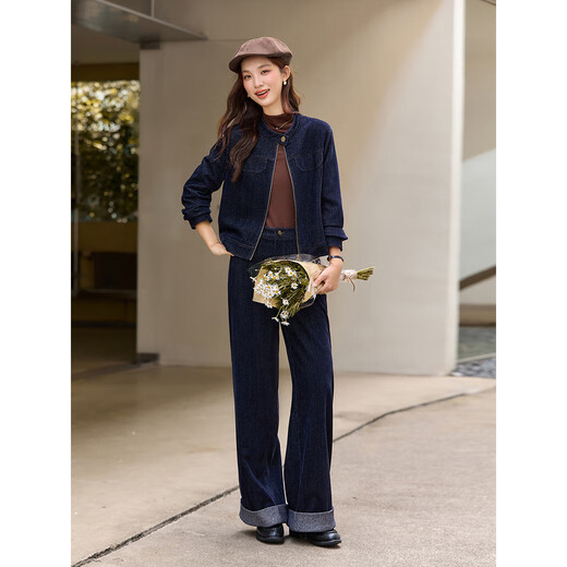 Fanximan blue casual denim suit for women 25 years new winter new round neck zipper jacket wide leg trousers two-piece set A3093 denim blue XL (recommended 120-130Jin Jin equals 0.5 kg)