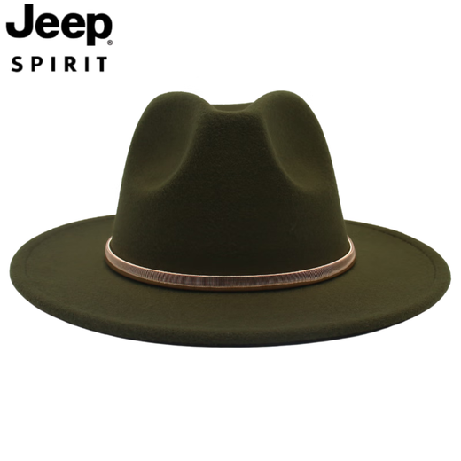 JEEP SPIRIT fedora hat British style men's and women's jazz hat metal accessories large brim felt hat fedorahat black (gold ring) L (59-62cm)