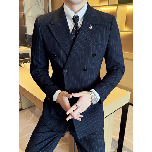 SEPTWOLVES double-breasted striped suit men's suit spring and autumn new trendy business casual slim suit three-piece black suit + trousers + vest 3XL (155-165Jin Jin equals 0.5 kg)