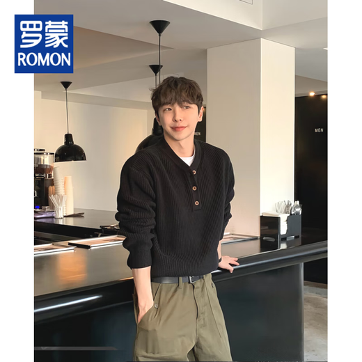 ROMON Old Money Style Henley Collar Knitted Wool Sweater Men's American Trendy Loose Long-Sleeved Sweater Half-Buttoned Workwear Wool Sweater Knitted Henley Black M