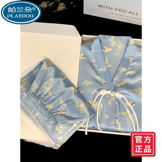 Palanduo estilo nacional retro nuevo estilo chino pijamas de seda de hielo de manga corta de verano de seda de algodón fino se puede usar fuera de casa traje de ropa de verano FS_9214# Cárdigan doble bolsillo corto de encaje M talla única