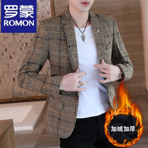 Luo Meng men's casual small suit spring, autumn and winter plus velvet Korean style slim plaid suit handsome single suit jacket trend 613 black M 85-105Jin Jin is equal to 0.5 kg