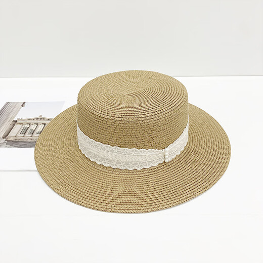 Grosfairy French flat-top sunshade straw hat for women summer hat sun protection sun hat for beach travel straw big-brimmed beach hat MIUIN webbing-black