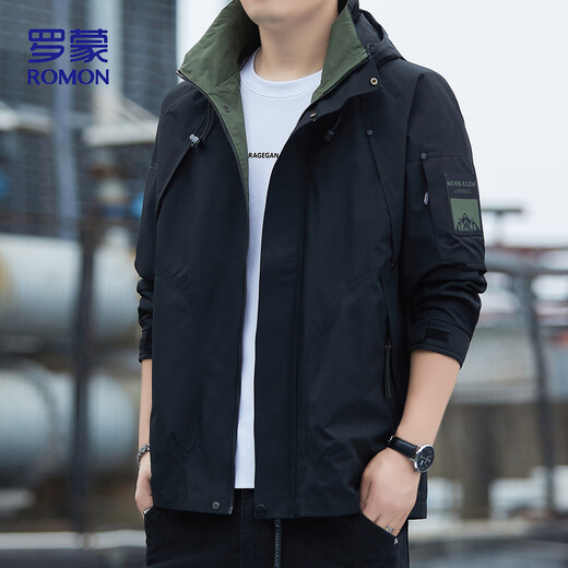 Romon Jacket Men's Autumn and Winter Business Casual Soft and Comfortable Executive Windproof Outdoor Sports Hooded Jacket Men's V6 Black 4X