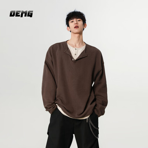 OEMG waffle henley collar fake two-piece long-sleeved t-shirt for men autumn new base top with 280g heavy sweater brown XL recommended 110-130Jin Jin equals 0.5 kg