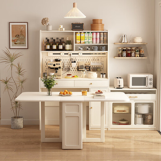 Tinymiya small apartment solid wood sideboard dining table integrated wall-mounted refrigerator cabinet with folding dining table kitchen narrow side high cabinet tea cabinet 0.87M sideboard all solid wood + large capacity mass storage