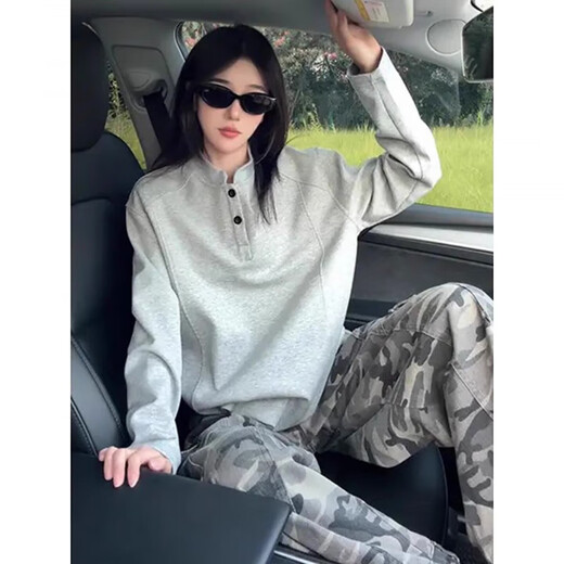 Capti Spring and Autumn Henry Collar Right Shoulder Splicing Long Sleeve T-Shirt Men's American Heavy Sweater Couple Cleanfit Bottoming Shirt Gray Regular M