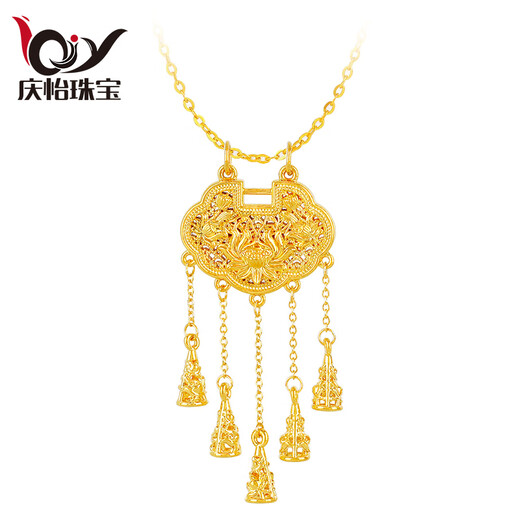 Qingyi Gold Concentric Golden Lotus Lock Bag Pendant 999 Pure Gold Yingluo Lock Bell Tassel Gold Lock Necklace National Trend Gift to Girlfriend About 3.2g-3.3g Five Bells + Free S925 Silver Chain