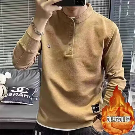 European station autumn and winter new handsome sweatshirt T men's trendy casual simple solid color embroidery trendy men's Henry collar long-sleeved T-shirt black plus velvet L