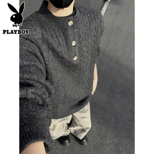 Playboy (PLAYBOY) autumn and winter retro old money style button Henry collar sweater for men and women loose lazy high-end sweater Chenguang Apricot M