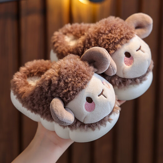 BIBK children's cotton slippers home indoor baby boys and girls furry slippers 2025 new autumn and winter non-slip kids dark coffee comfortable walking - thickened and warm 24-25 inner length 15CM