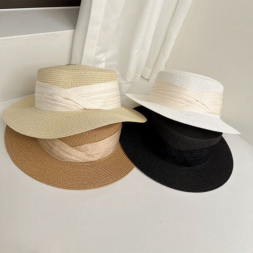 Grosfairy French flat-top sunshade straw hat for women summer hat sun protection sun hat for beach travel straw big-brimmed beach hat MIUIN webbing-black