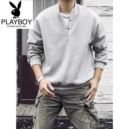 Playboy (PLAYBOY) Japanese retro autumn and winter men's Henry collar long-sleeved bottoming shirt casual loose pullover sweatshirt thickened large size men's trendy gray model high quality regular M
