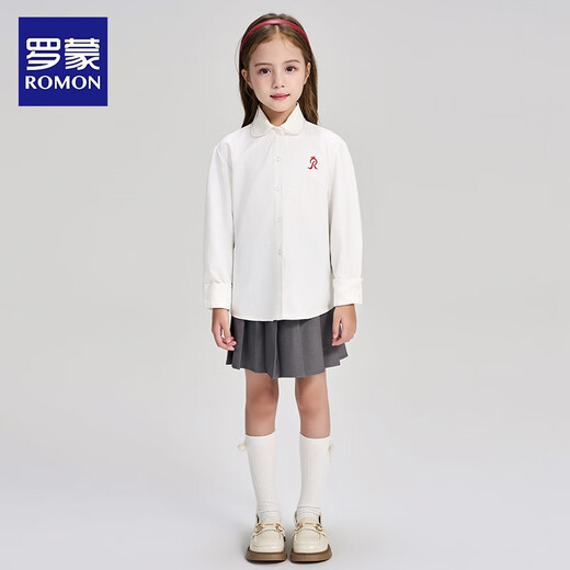 Romon children's clothing French preppy shirt girls autumn lace doll collar top embroidered white shirt white 120
