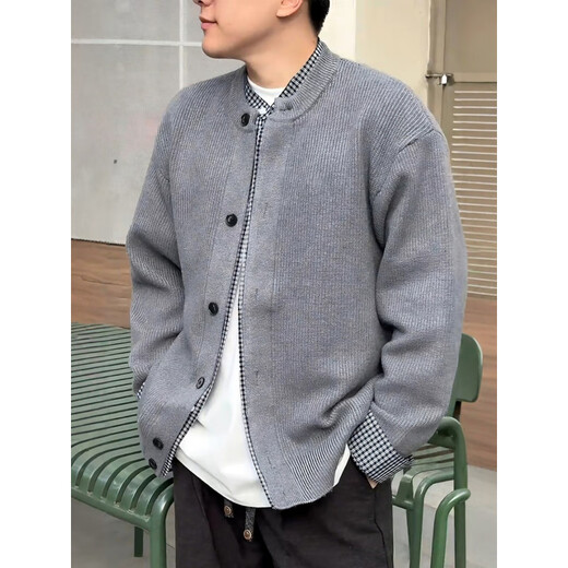 XUANSENTU fake two-piece plaid patchwork sweater loose lazy style cardigan jacket men's Henry collar American retro sweater black L