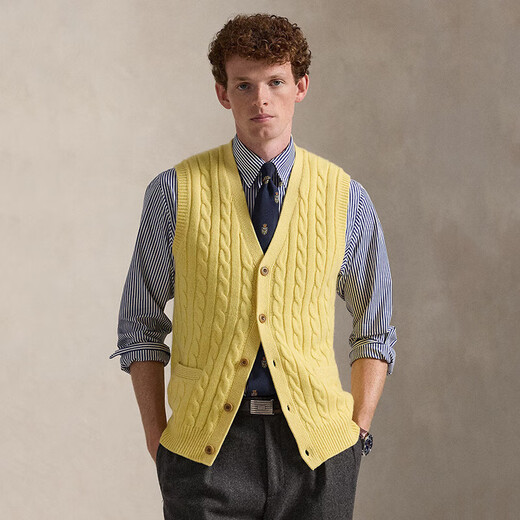 RALPH LAUREN Ralph Lauren Autumn and Winter New American Edition Men's Knitted Wool Vest Cable-Knit Cable Knit Cardigan Vest Yellow/Fall Yellow XS