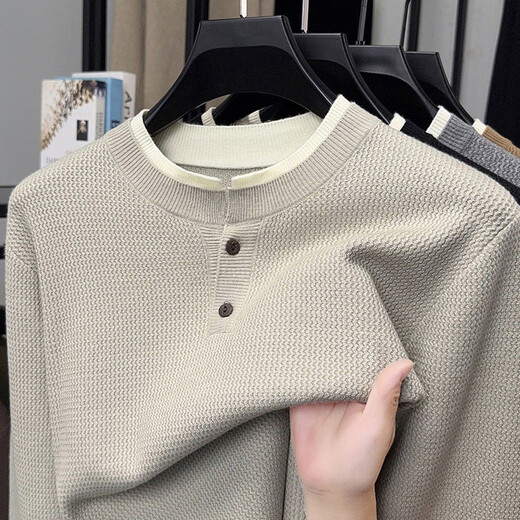 High-end Henry collar sweater long-sleeved bottoming shirt for men autumn and winter fashion versatile trendy inner sweater line top BB5185 Khaki XL recommended 145-160 Jin Jin equals 0.5 kg