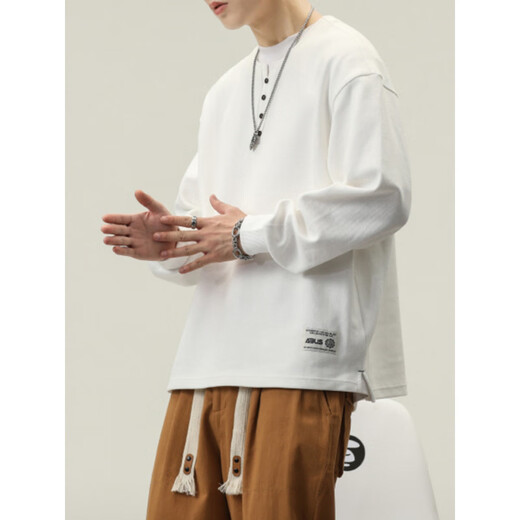 KXKE spring heavy cotton men's long-sleeved T-shirt loose large size American trendy brand casual Henry collar bottoming shirt sweatshirt black 4XL recommended 170-185Jin Jin equals 0.5 kg