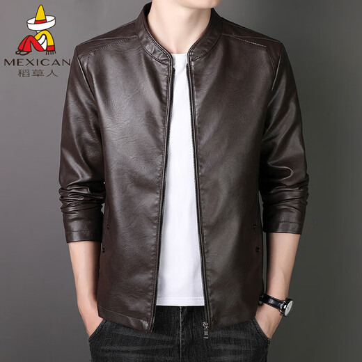 Scarecrow's new leather jacket for men in spring, autumn and winter, fashionable washed solid color slim fit business casual PU leather jacket plus velvet jacket 8802 black plus velvet style XL (recommended 120-140Jin Jin equals 0.5kg)