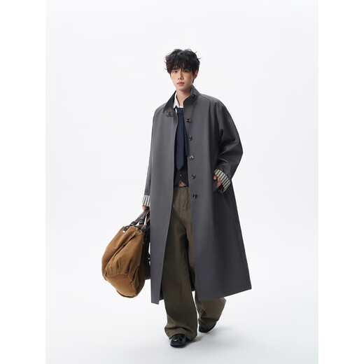 OEMG Korean fake two-piece British windbreaker jacket for men in spring and autumn, knee-high mid-length trendy brand design large clothes, black XL recommended 110-130Jin Jin equals 0.5kg