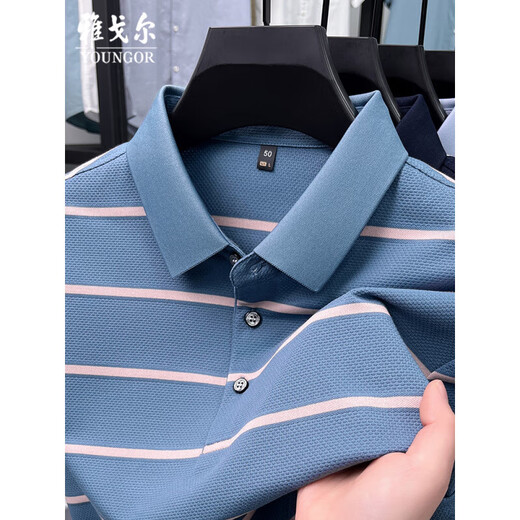 
GYOUNGOR Yageo Men's Short Sleeve T-shirt Summer New Middle-aged Business Casual Lapel Striped Solid Color Polo Shirt Top Light Sky Blue Y15100 M 170/88A