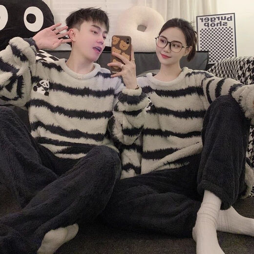 Autumn and winter coral velvet couple pajamas for men and women, teenagers and students can wear thickened flannel home clothes suit KE-R141# black and white striped cat pullover 2XL male
