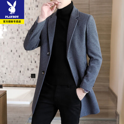 Playboy Autumn and Winter Men's Windbreaker Mid-Length Korean Slim Wool Woolen Coat Handsome and High-end Long Woolen Coat F20 Gray Cotton Thickened XL (115-130Jin Jin is equal to 0.5kg)