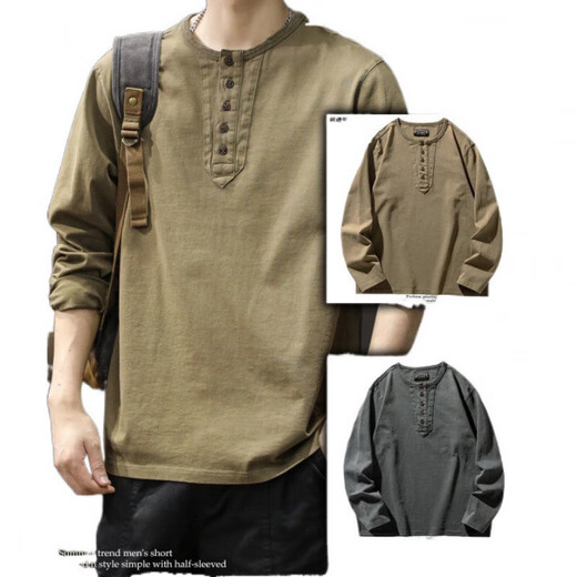 2025 Neue Herren Spring Trendy Marke Retro Henry Hals Langarmed T-Shirt Casual Sweatshirt Neues chinesisches dünnes Basishemdkohlkohlegrau XL Geeignetes Gewicht 145-160jin [Jin ist 0,5 kg]