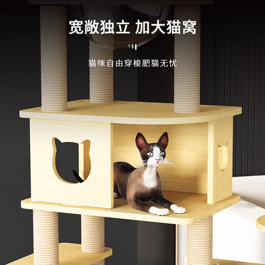 Cat climbing frame space capsule wooden multi-layer indoor solid wood cat nest large cat tree cat stand household all-in-one pet supplies Y6 enlarged cat nest double space capsule (upgraded solid wood columns)