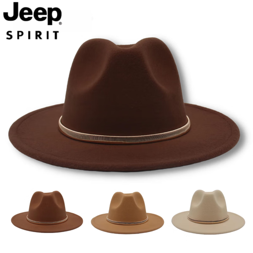 JEEP SPIRIT fedora hat British style men's and women's jazz hat metal accessories large brim felt hat fedorahat black (gold ring) L (59-62cm)
